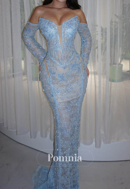 Sky Blue Long Sleeves Off-Shoulder Ruched Lace Prom Dress