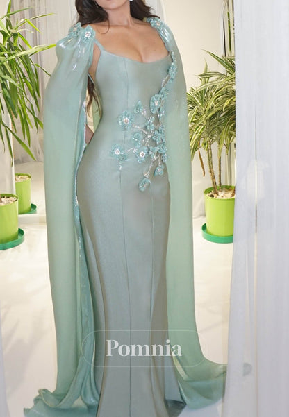 Mint Green Cape V-Neck Ruched Prom Dress