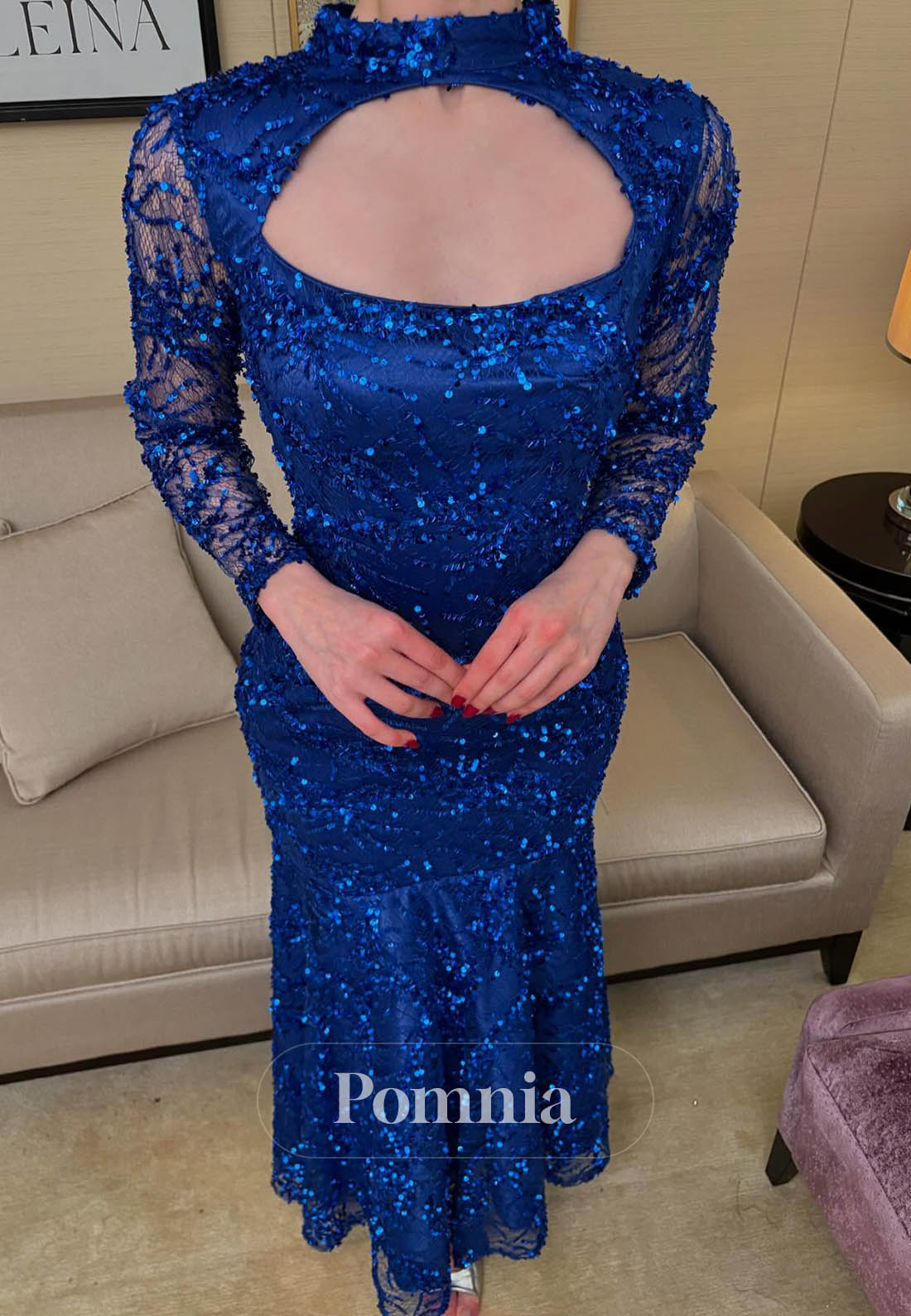 Royal Blue Long Sleeves High Neck Appliques Evening Dress
