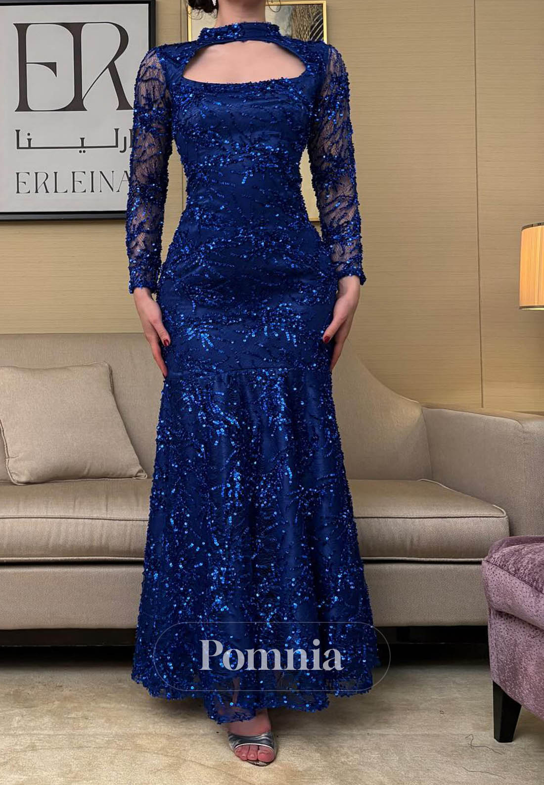 Royal Blue Long Sleeves High Neck Appliques Evening Dress