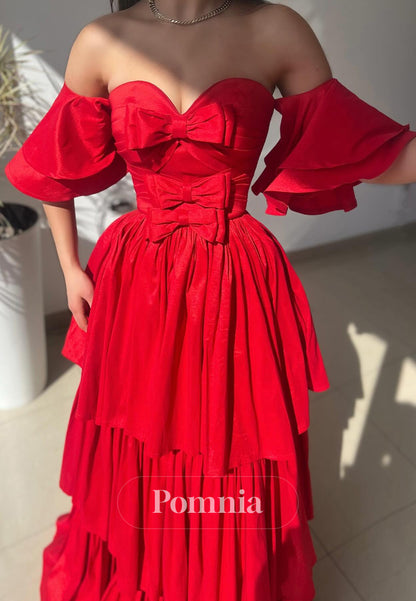 Red Short Sleeves Sweetheart Ruffles A-Line Prom Dress