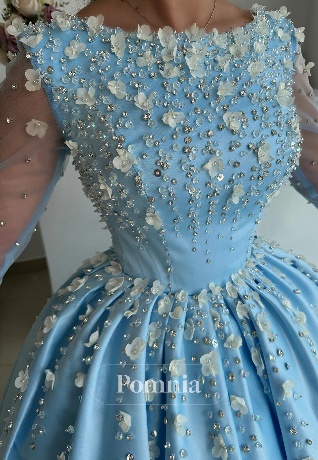 Sky Blue Long Sleeves Scoop Pearls A-Line Prom Dress