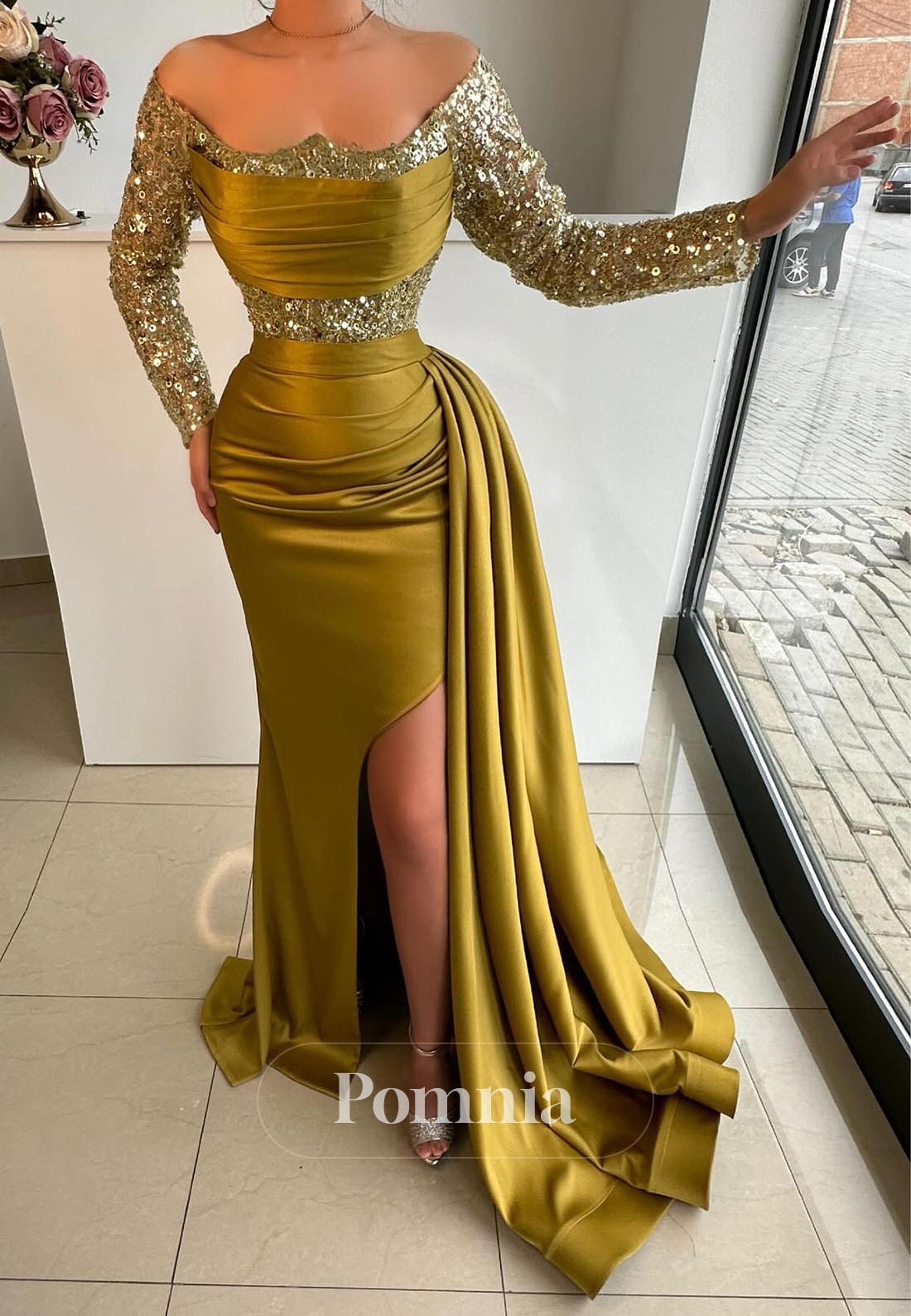 Olive Long Sleeves Scoop Corset Sequins Ruched Evening Dress