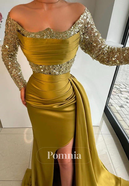 Olive Long Sleeves Scoop Corset Sequins Ruched Evening Dress