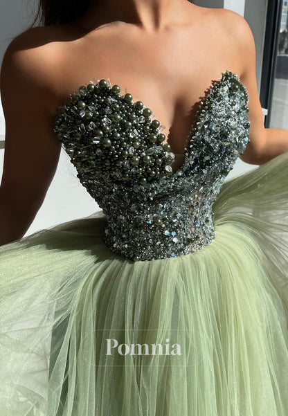 Charming A-Line Sleeveless Strapless Beads Lace Prom Dress