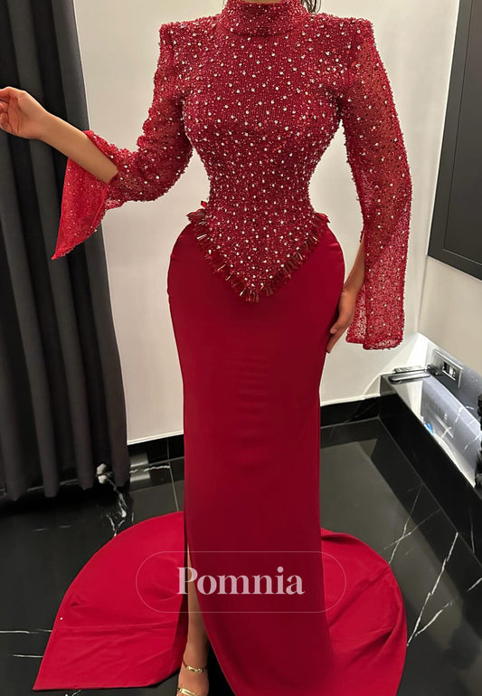 Red Long Sleeves High Neck Sequins Slit Evening Dress