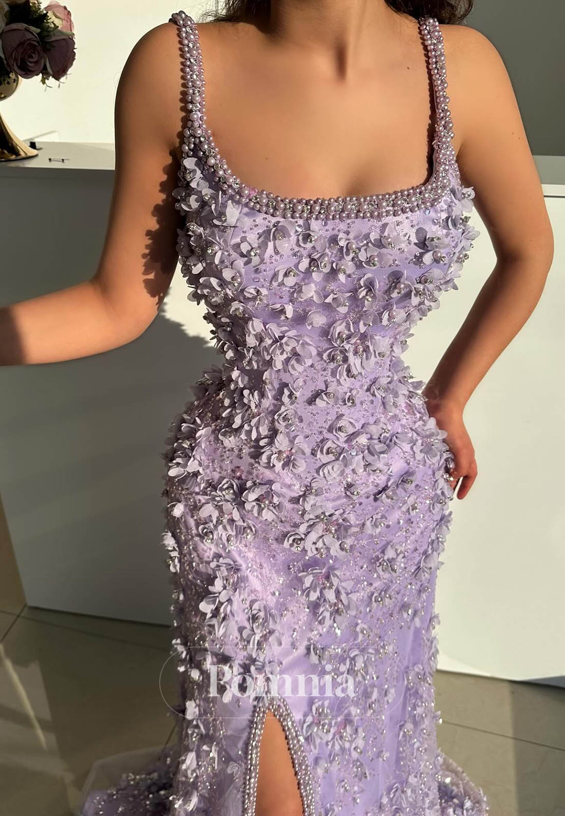 Lilac Spaghetti Straps Scoop Floral Appliques Slit Prom Dress