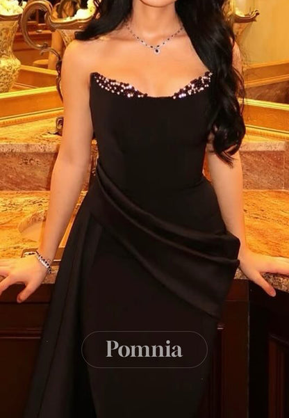 Black Sleeveless Strapless Sequins Ruched Slit Evening Dress