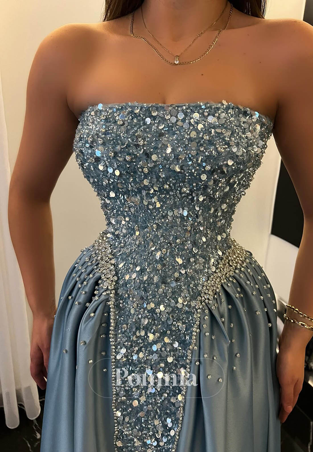 Sky Blue Sleeveless Strapless Sequins A-Line Prom Dress