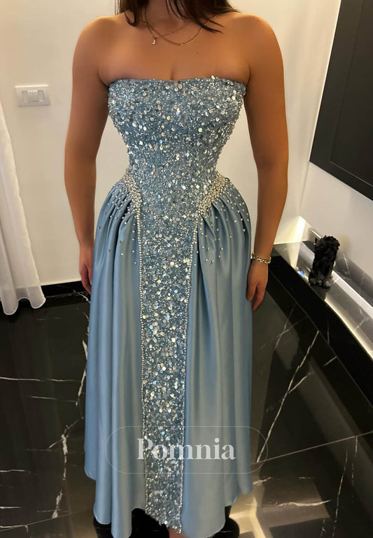 Sky Blue Sleeveless Strapless Sequins A-Line Prom Dress