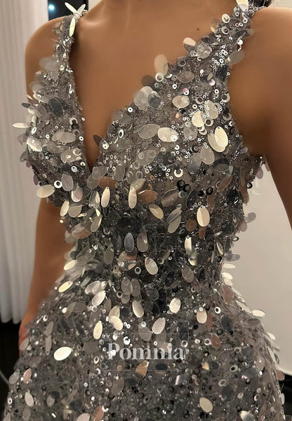 Sparkly Spaghetti Straps V-Neck Sequins Prom Dress