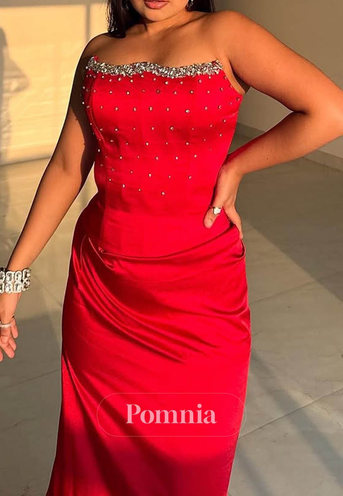 Red Sleeveless Strapless Ruched Prom Dress