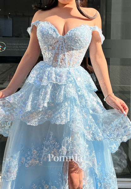Sky Blue Sweetheart Sleeveless Slit A-Line Prom Dress