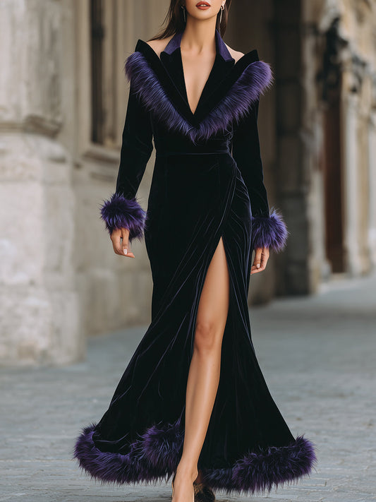 Elegant Black Velvet Faux Fur-Trim Evening Gown