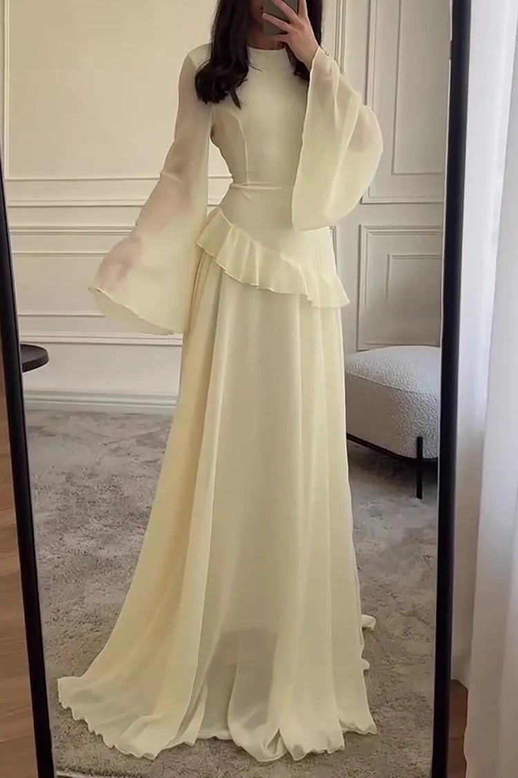 Round Neck Flare Sleeve Ruffled Solid Color Maxi Dresses