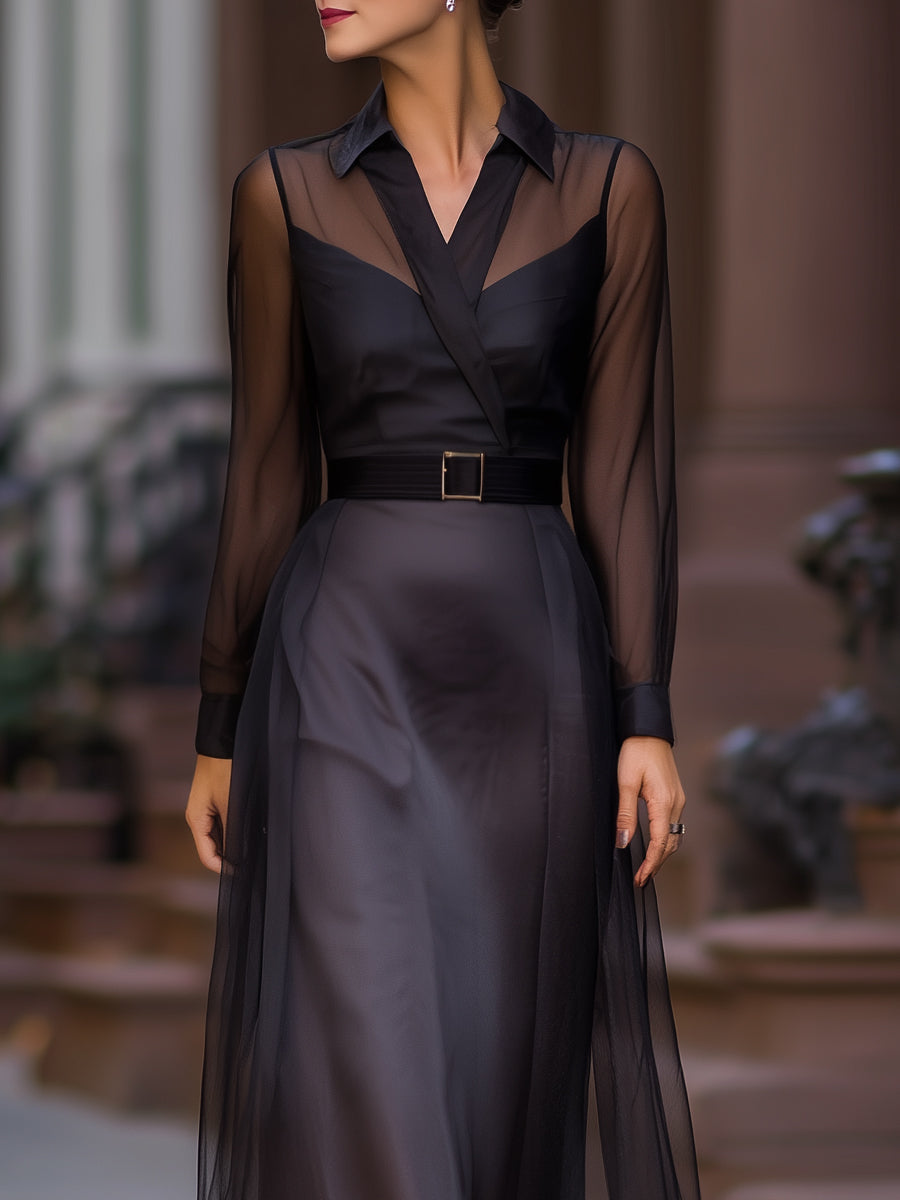 Sheer Mesh Overlay Maxi Shirt Dress