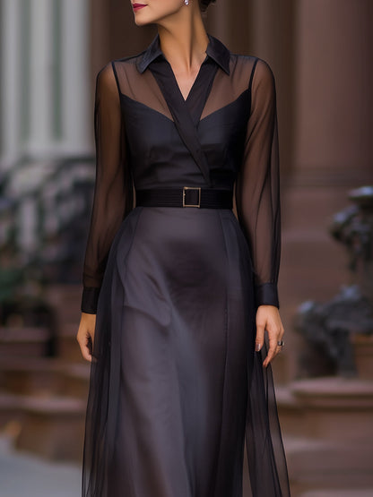 Sheer Mesh Overlay Maxi Shirt Dress