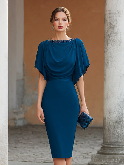 Embellished Neck Draped Capelet Midi Dress