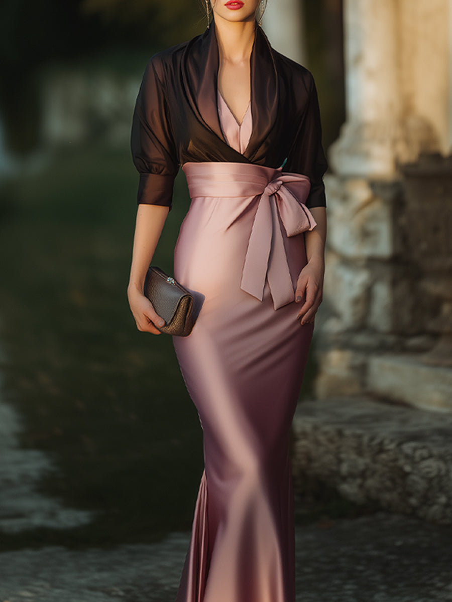 Elegant Draped Evening Gown With Sheer Shawl Overlay