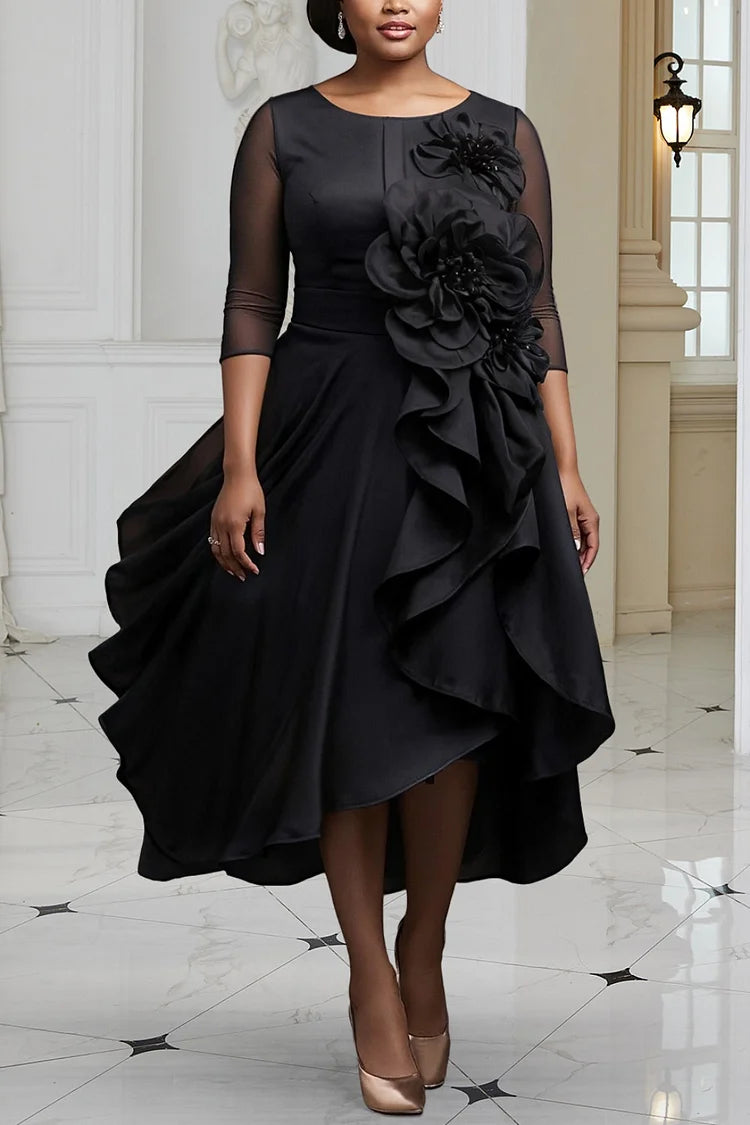 Formal Black Round Neck 3/4 Sleeve 3D Elegant Asymmetric Hem Midi Dress