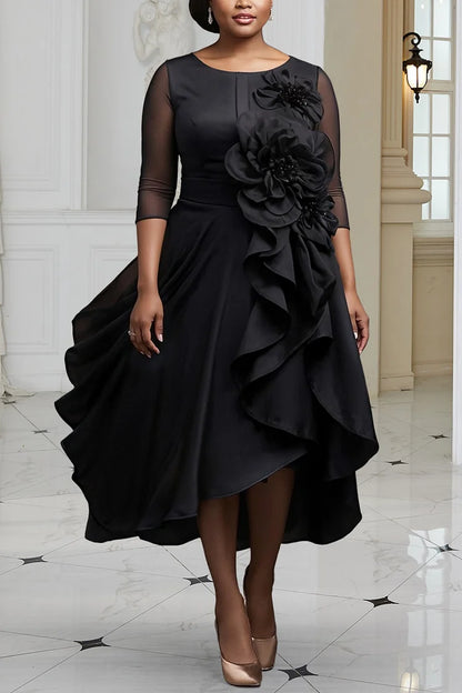 Formal Black Round Neck 3/4 Sleeve 3D Elegant Asymmetric Hem Midi Dress