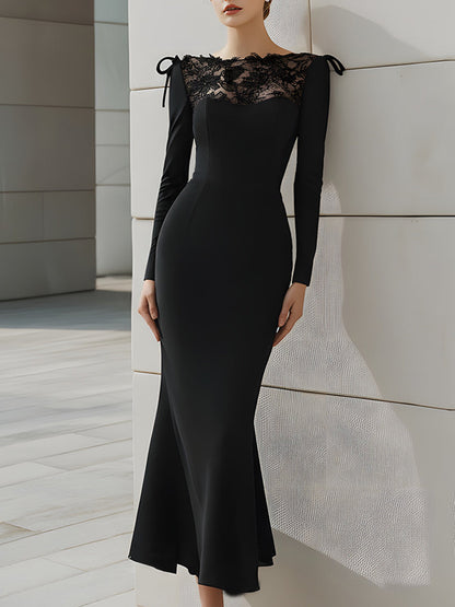 Lace Shoulder Bow Detail Black Mermaid Dress