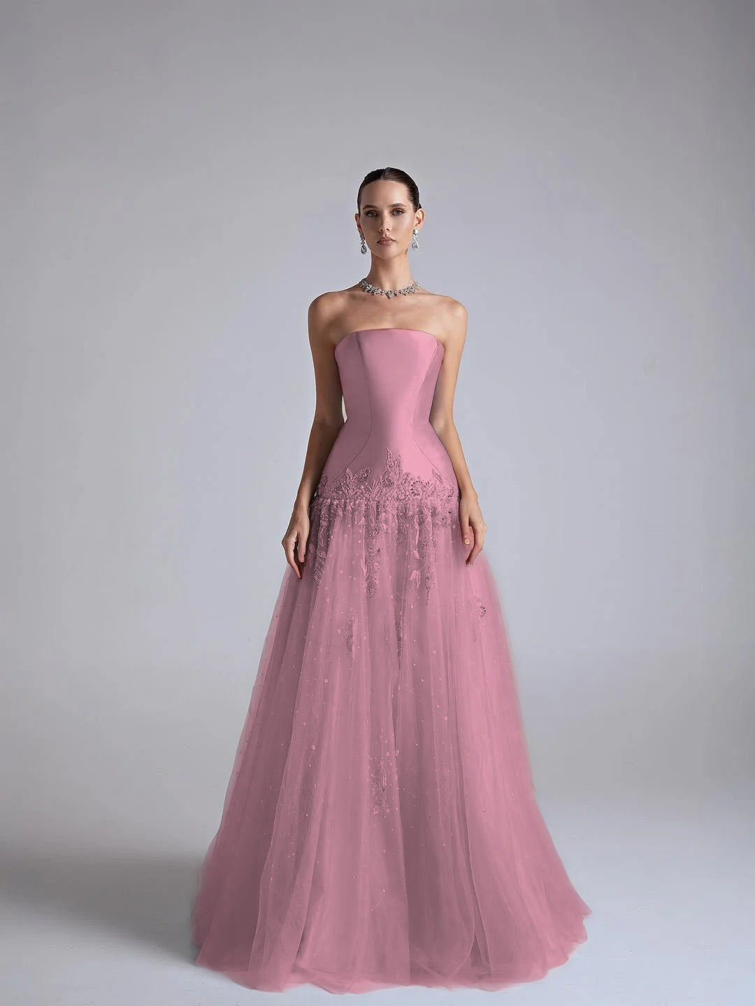 Strapless Sleeveless Long Pleated A-Line Prom Dress With Flower Appliqués