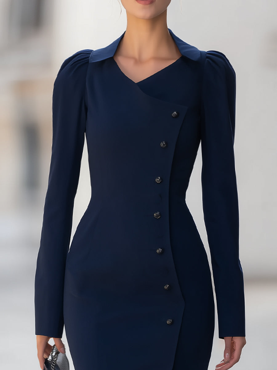 Elegant Asymmetric Buttoned Navy Midi Dress With Puff Sleeves