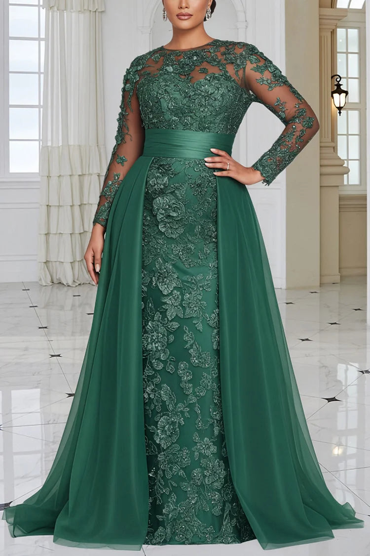 Formal Tulle Green Round Neck Long Sleeve With Skirt Overlay Lace Maxi Dress