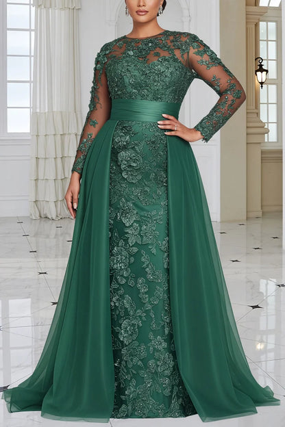 Formal Tulle Green Round Neck Long Sleeve With Skirt Overlay Lace Maxi Dress