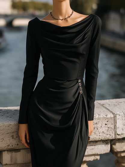 Noir Draped Button-Detail Midi Dress