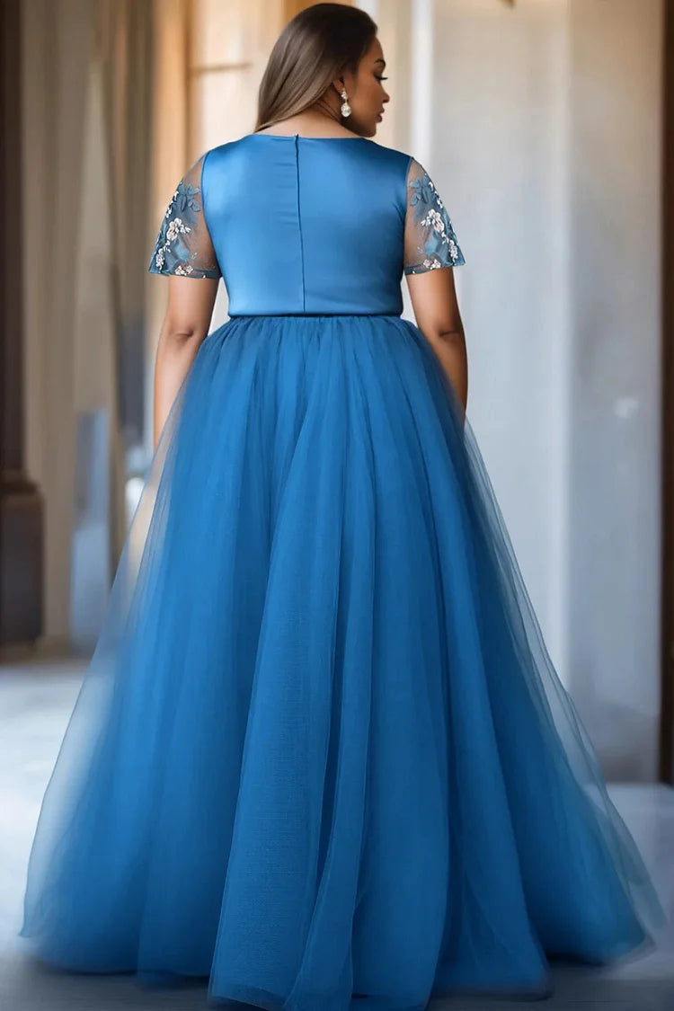 Formal Blue Short Sleeve Floral Print Tulle Maxi Dress