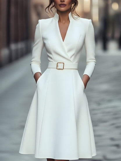 Timeless White Belted A-Line Dress