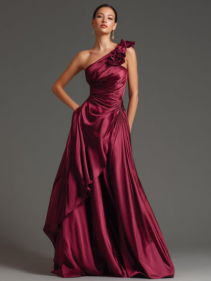 Burgundy One-Shoulder Floral Draped Couture Gown