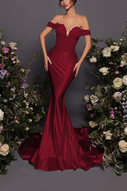 Off The Shoulder Sleeveless Long Mermaid Prom Dress With Pleated