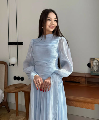 Blue High-Neck Prom Dress Long Sleeves Pleated Floor Length
