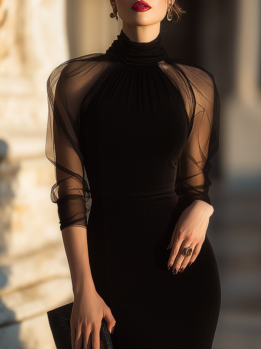 Sheer-Sleeve High-Neck Cocktail Dress