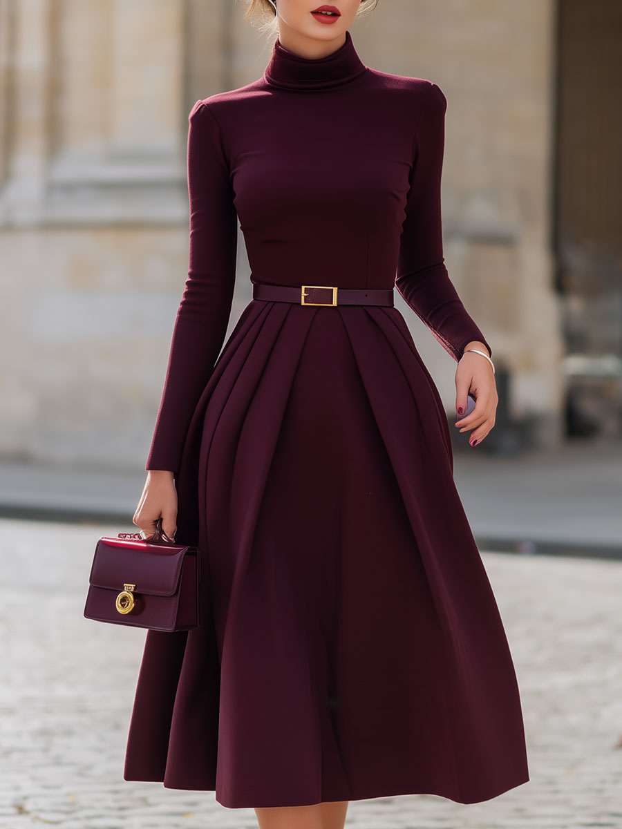 Mooyius Presents The Burgundy Belted Midi Dress With Pleated Skirt