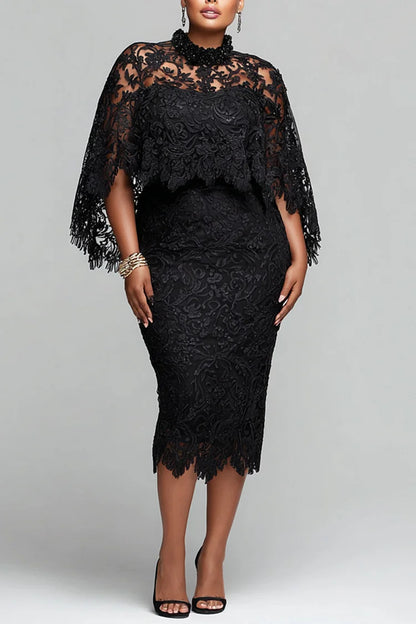 Cocktail Party Black Mock Neck Cape Sleeve 3/4 Sleeve Bodycon Midi Dresses