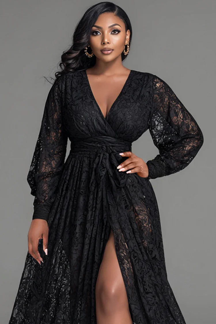 Black V Neck Long Sleeve Split Elegant See Through Lace Maxi Dresses