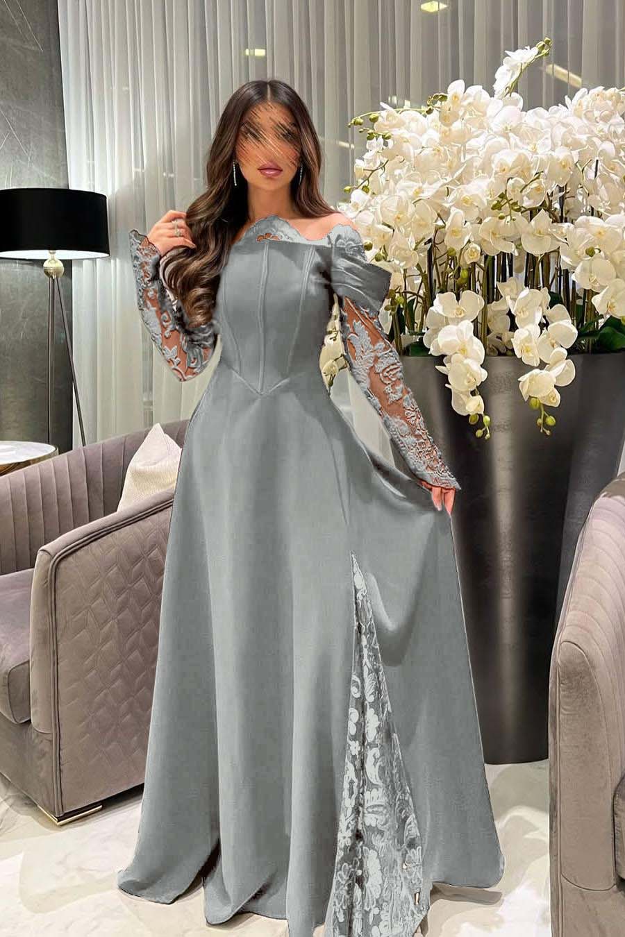 Off the Shoulder Long Sleeves Long Prom Dress With Appliques
