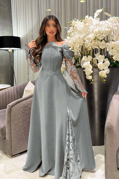 Off the Shoulder Long Sleeves Long Prom Dress With Appliques