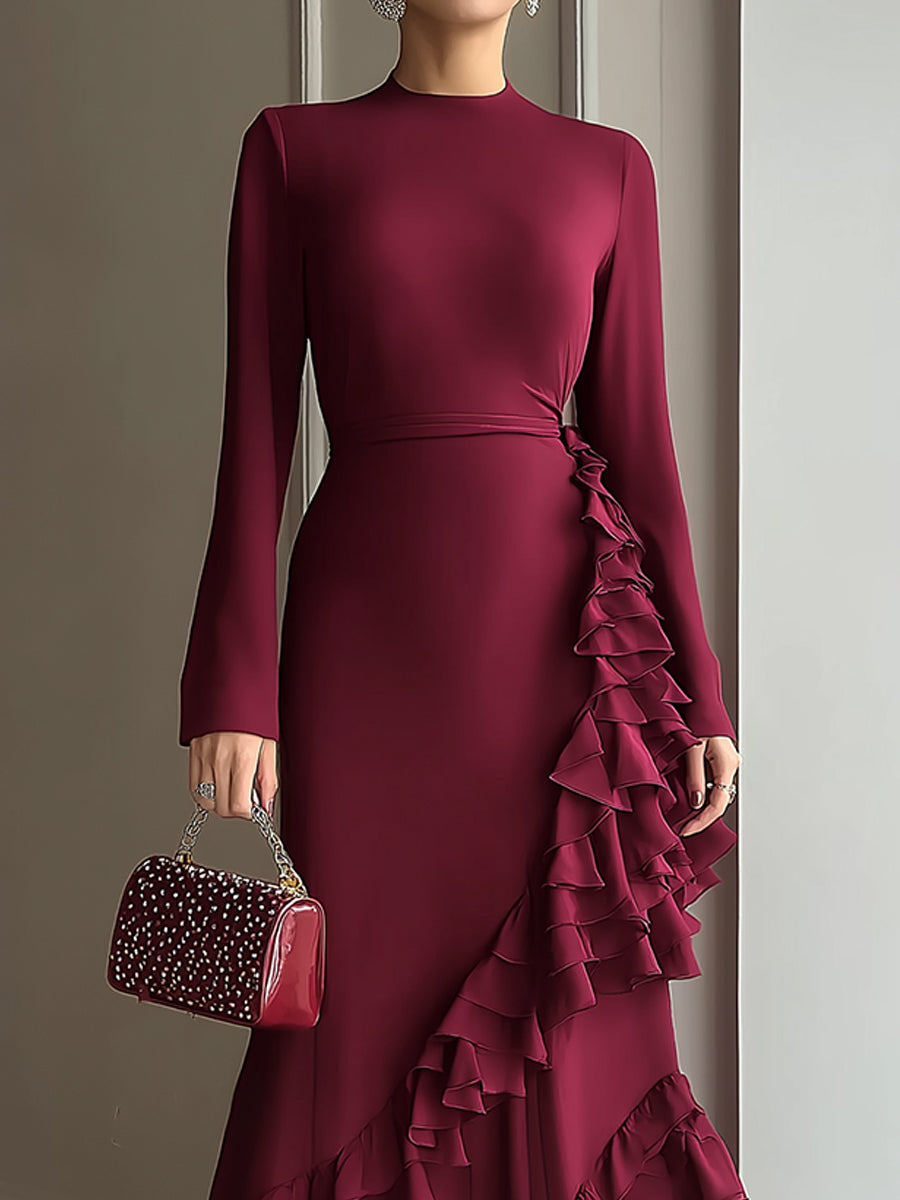 Wine Red Asymmetric Ruffled Long Sleeve Maxi Dress