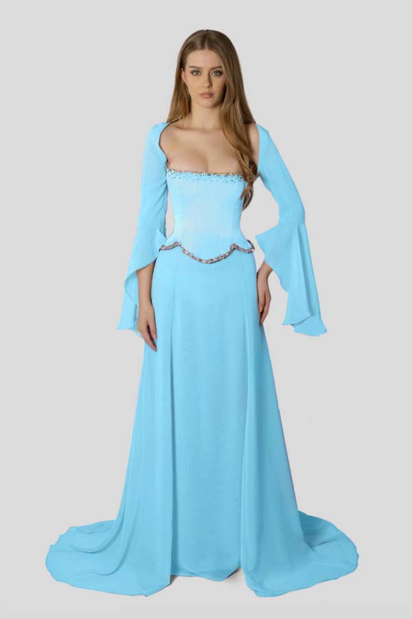 Chiffon Long Sleeves Long Mermaid Prom Dress With Beading Pleated