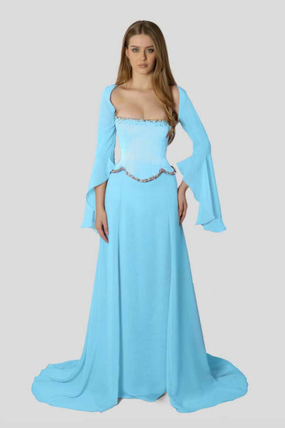 Chiffon Long Sleeves Long Mermaid Prom Dress With Beading Pleated