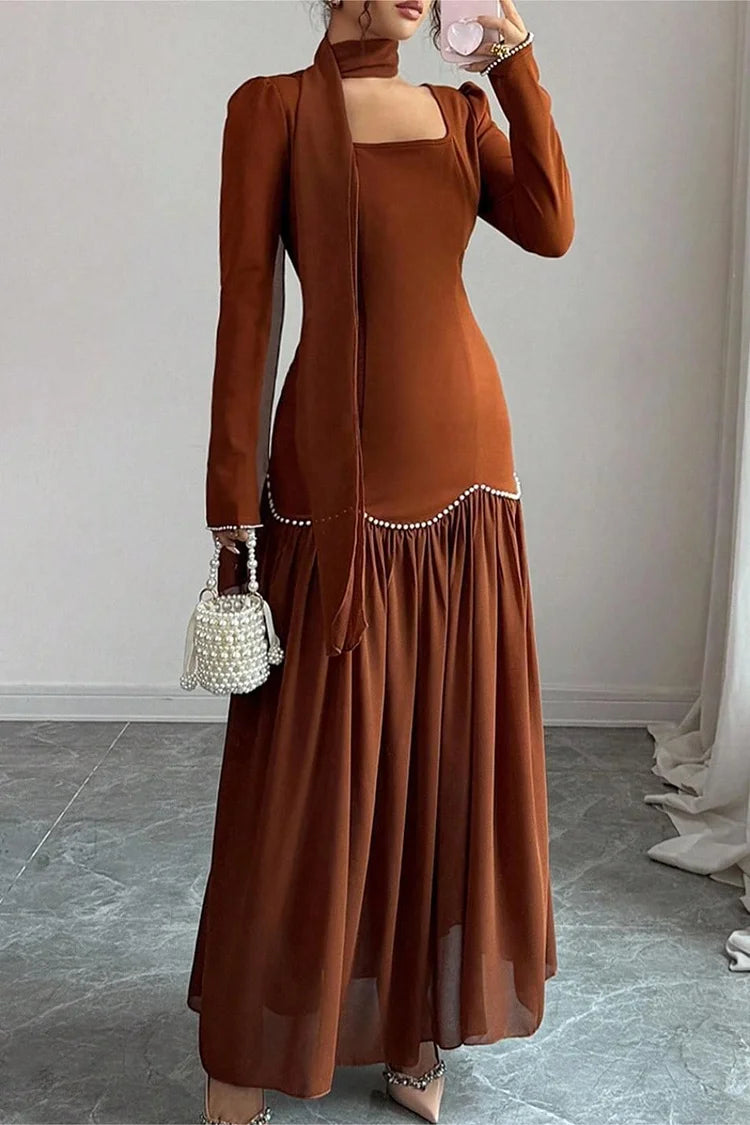 Pearl Beads Embroidery Square Neck Pleated Long Sleeve Maxi Dress