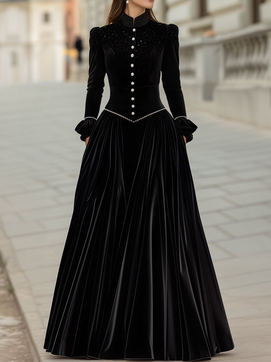 Velvet A-Line Gown With Button Detailing