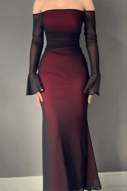Gradient Flare Sleeve Off Shoulder Bodycon Maxi Dress