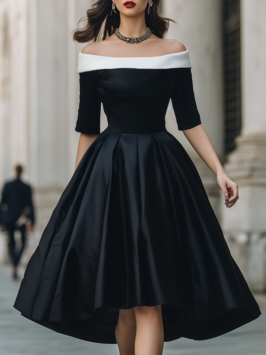 Elegant Black And White Off-Shoulder Midi Dress
