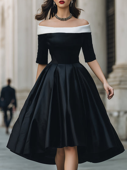 Elegant Black And White Off-Shoulder Midi Dress